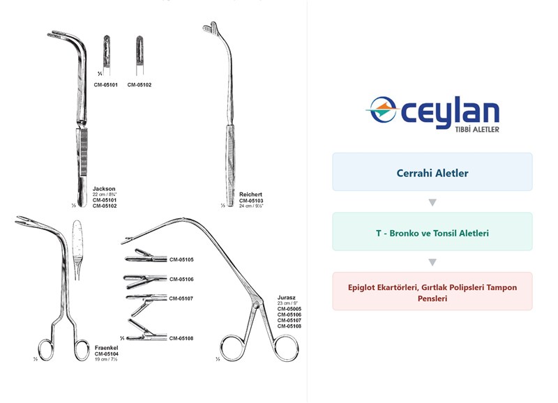 557 t bronko ve tonsil aletleri epiglot ekartorleri girtlak polipsleri tampon pensleri